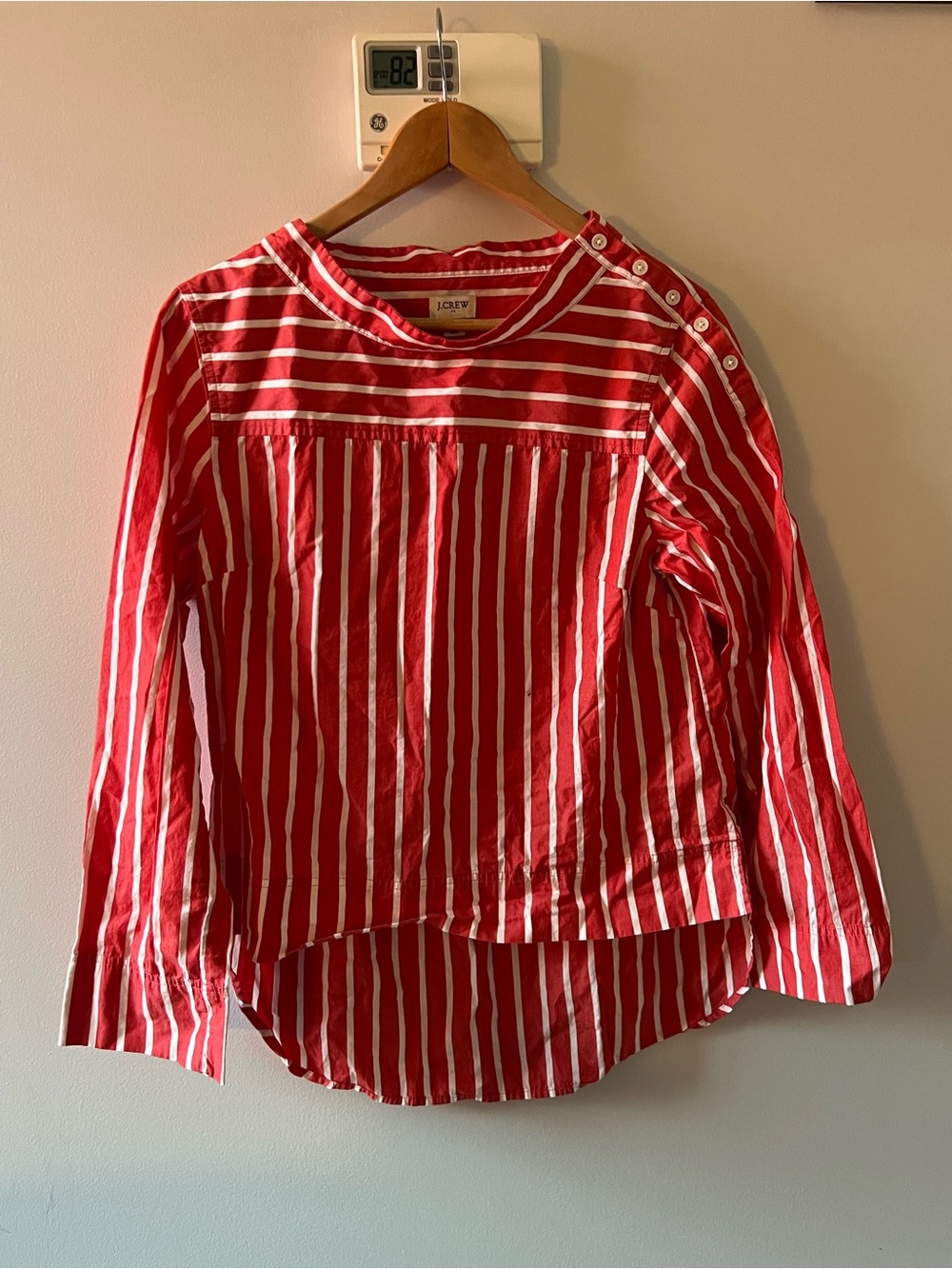 J. Crew Red and White Striped Button-Shoulder Blouse